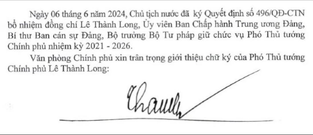 Giới thiệu chữ ký của tân Phó Thủ tướng Lê Thành Long