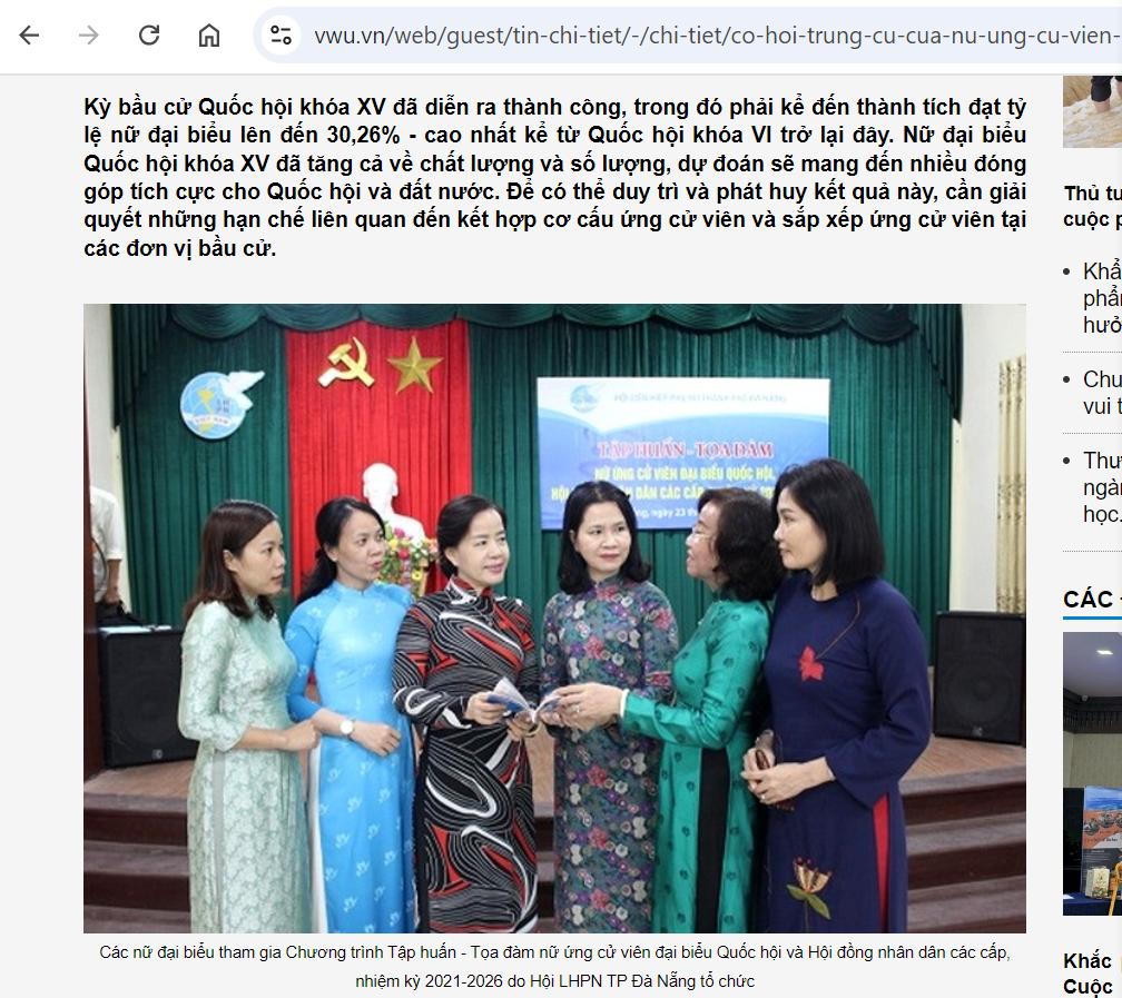 Việt Nam đạt tiến bộ đáng kể trong tăng cường vai trò của phụ nữ trong lĩnh vực chính trị