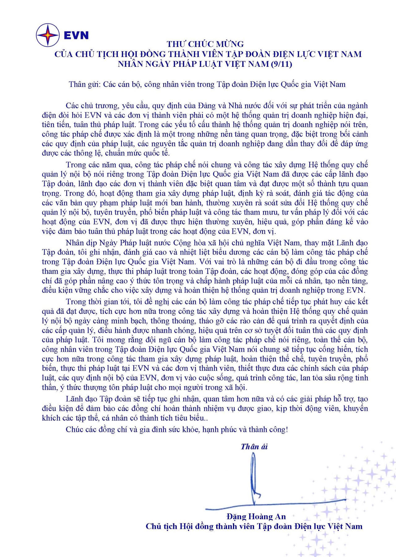 Chủ tịch HĐTV EVN gửi thư chúc mừng tới cán bộ, công nhân viên nhân ngày Pháp luật Việt Nam