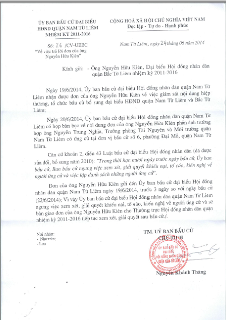 Ông Nguyễn Hữu Kiên tiếp tục kiến nghị về tư cách, năng lực ứng viên sau bầu cử quận mới