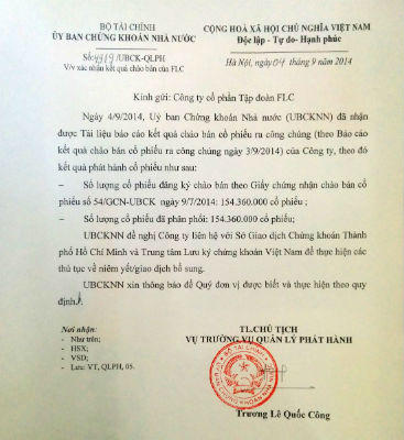 UBCK xác nhận kết quả chào bán chứng khoán ra công chúng của FLC