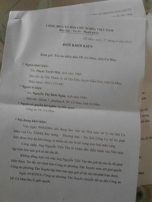 Nguyên nhân tòa chưa thụ lý vụ nữ công nhân nhặt được 5 lượng vàng 