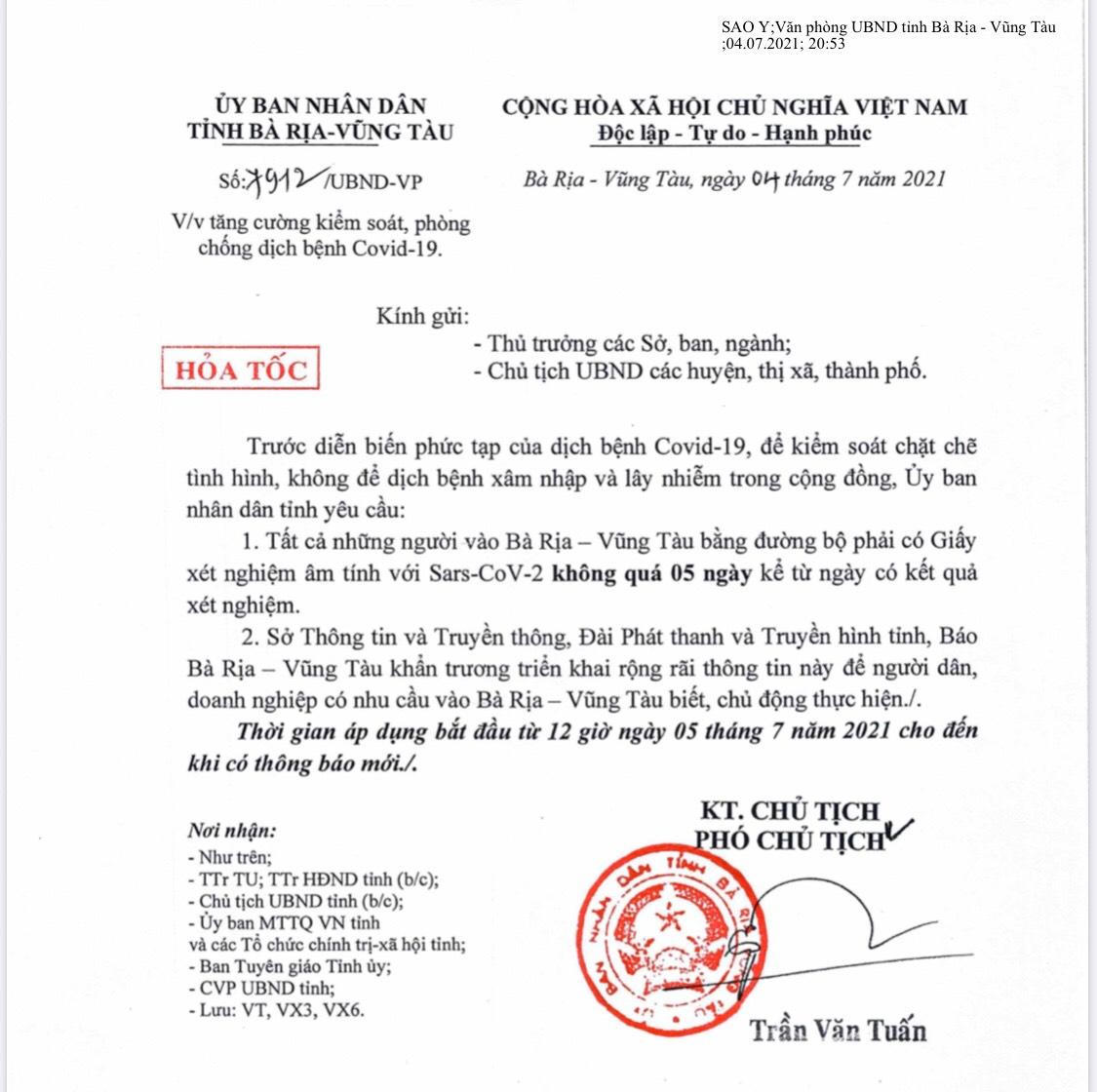 Phải có giấy xét nghiệm âm tính mới được vào Bà Rịa – Vũng Tàu