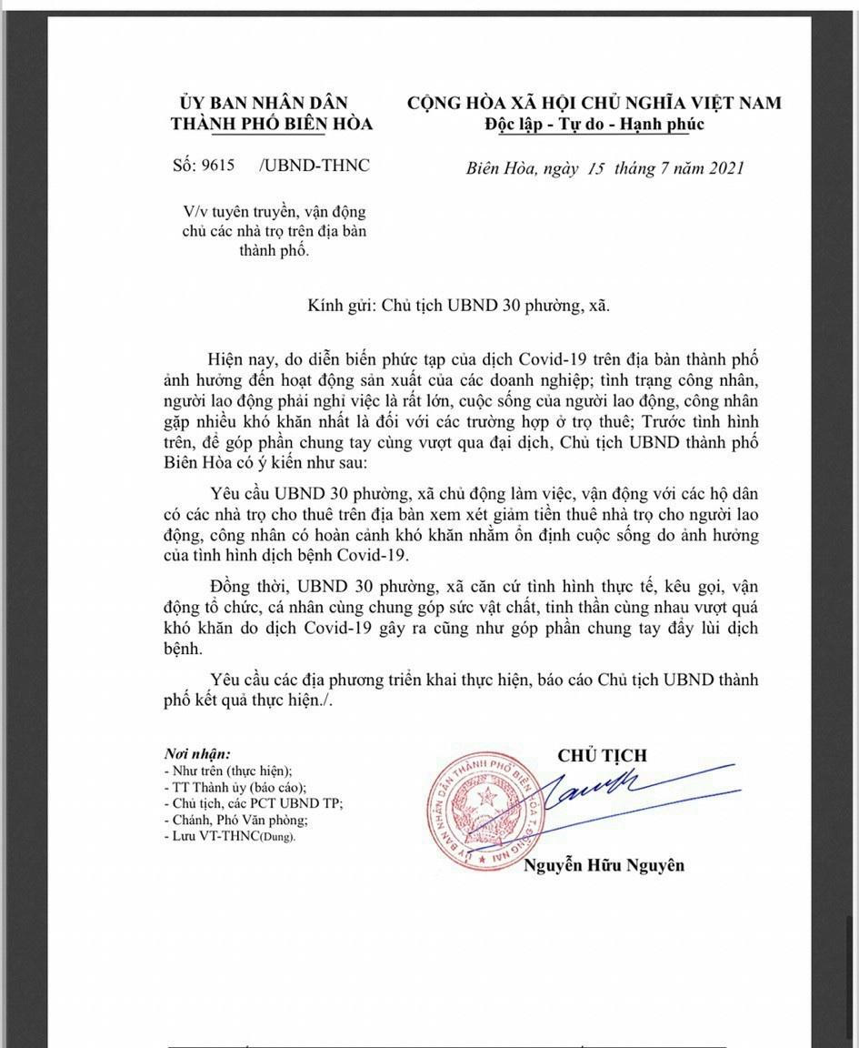 TP Biên Hoà kêu gọi giảm tiền thuê trọ, vận động giúp đỡ người lao động khó khăn