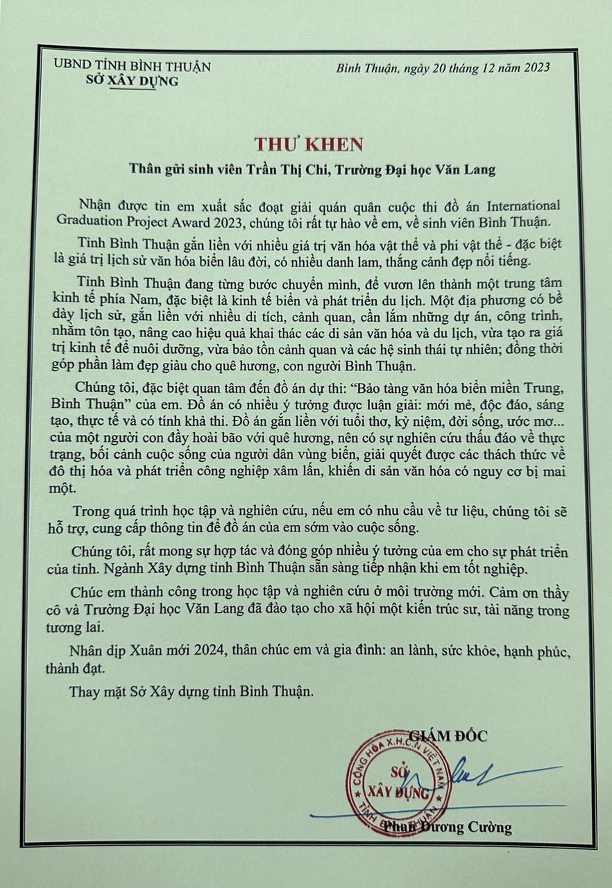 Giám đốc Sở Xây dựng tỉnh Bình Thuận gửi thư 'mời' sinh viên đoạt giải Đồ án 'Bảo tàng văn hóa biển' về làm việc