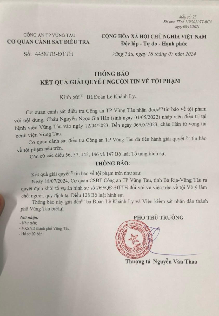 Cháu bé tử vong sau khi đi nhà trẻ: Cơ quan công an Tp Vũng Tàu khởi tố vụ án