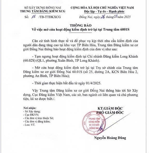 Đồng Nai: Mở lại Trung tâm Đăng kiểm 6001S từ ngày 1/4