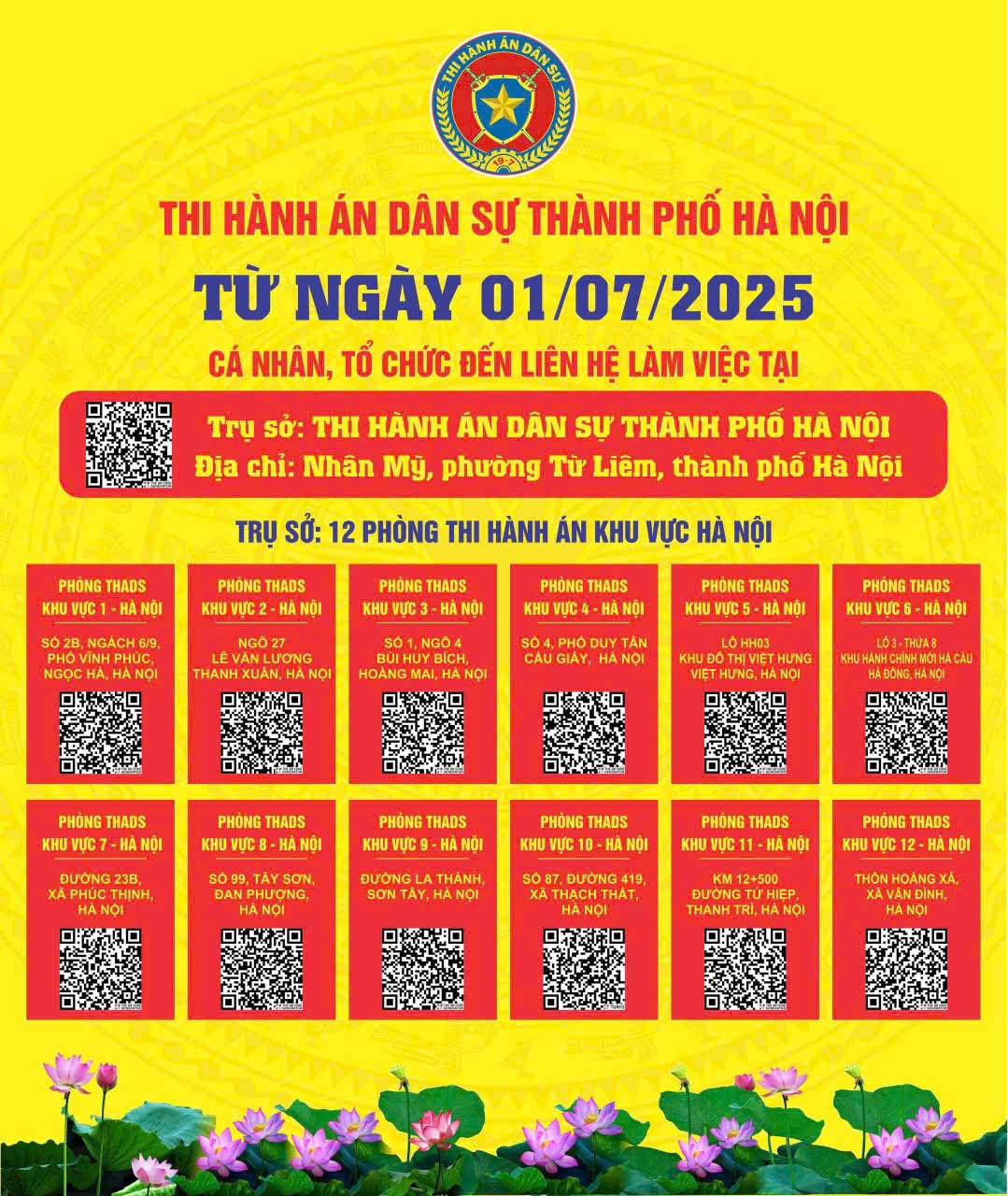 Chi tiết trụ sở chính và 12 phòng thi hành án dân sự khu vực