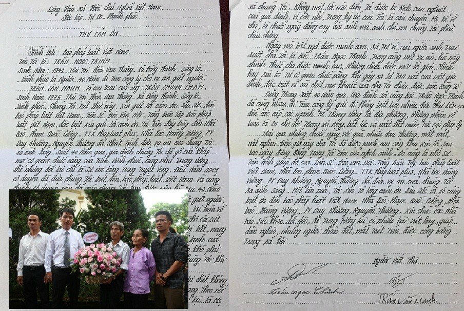 Thư cảm ơn Báo Pháp luật Việt Nam của ông Trần Ngọc Trinh và con trai Trần Văn Mạnh.