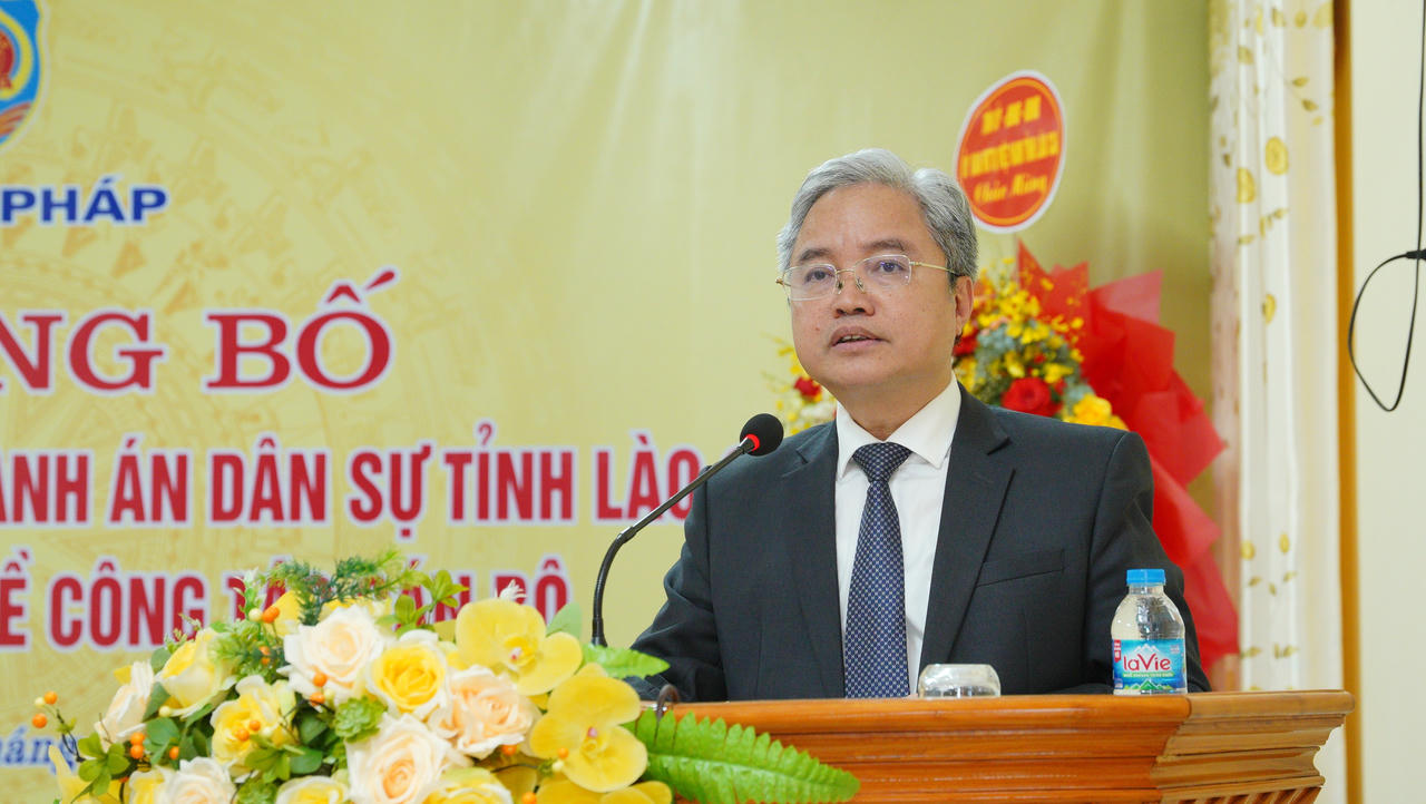 Phó Bí thư chuyên trách Đảng ủy Bộ Tư pháp Nguyễn Quang Thái phát biểu.