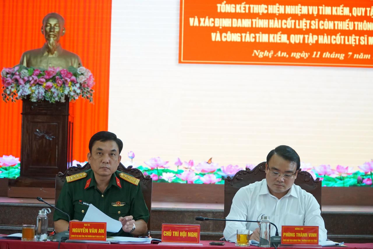 Đồng chí Phùng Thành Vinh - Phó Chủ tịch UBND tỉnh, Trưởng ban Chỉ đạo 515 tỉnh và Đại tá Nguyễn Văn An - Chính ủy Bộ CHQS tỉnh, Phó trưởng Ban Thường trực, Ban Chỉ đạo 515 tỉnh Nghệ An đồng chủ trì Hội nghị.