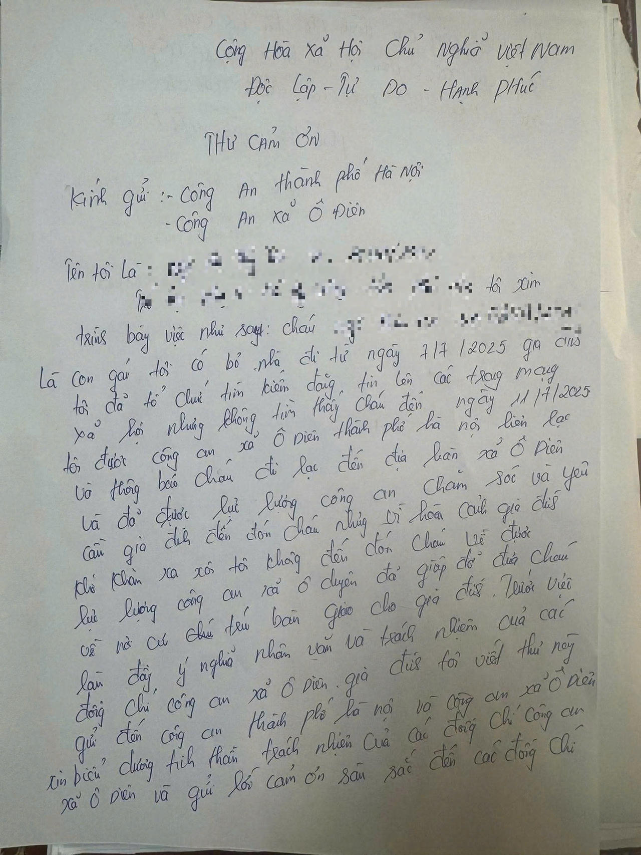 Gia đình viết thư cảm ơn lực lượng Công an xã Ô Diên