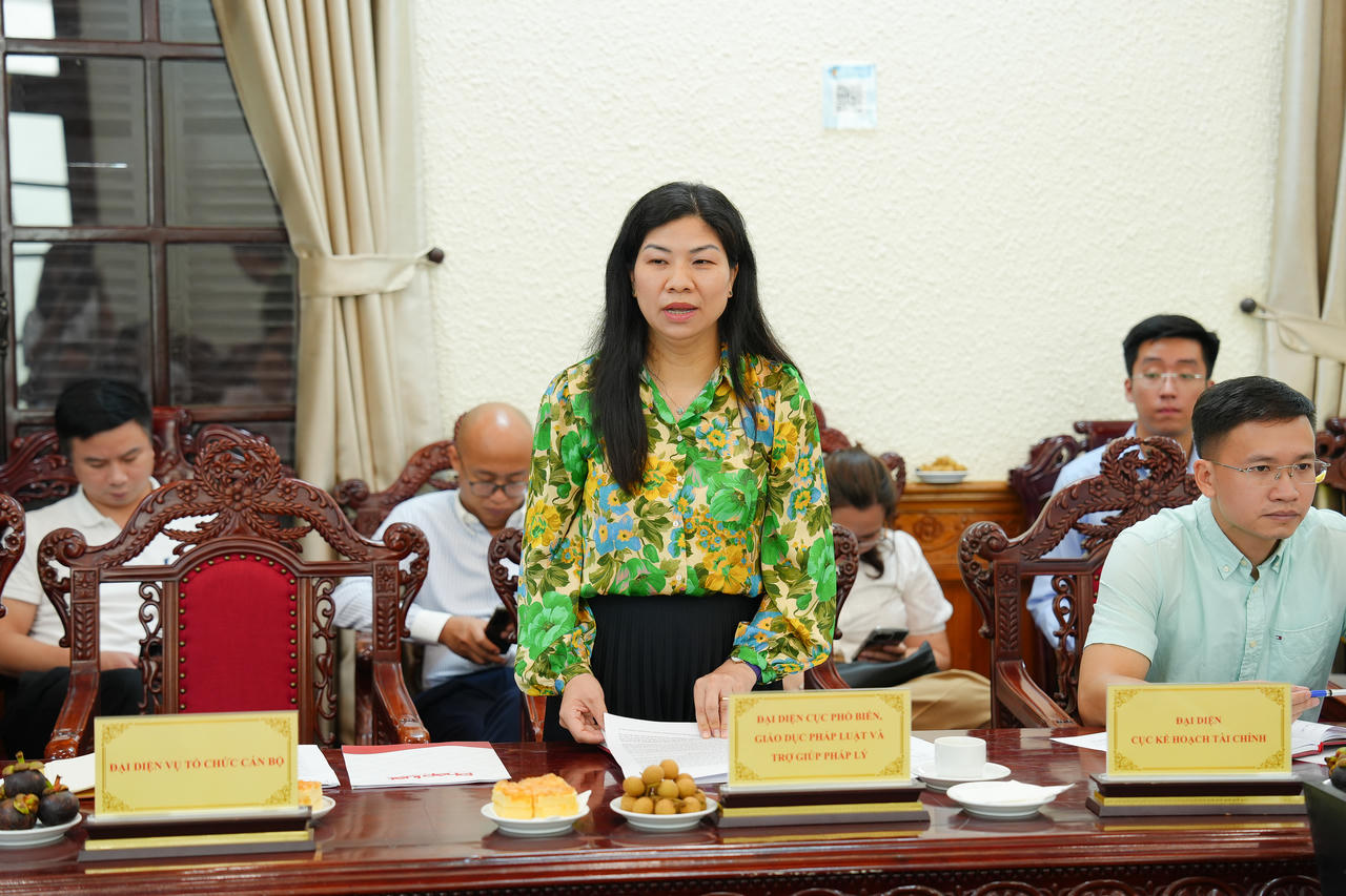Bà Tô Thị Thi Hà, Phó Cục trưởng Cục PBGDPL&TGPL phát biểu tại Hội nghị.