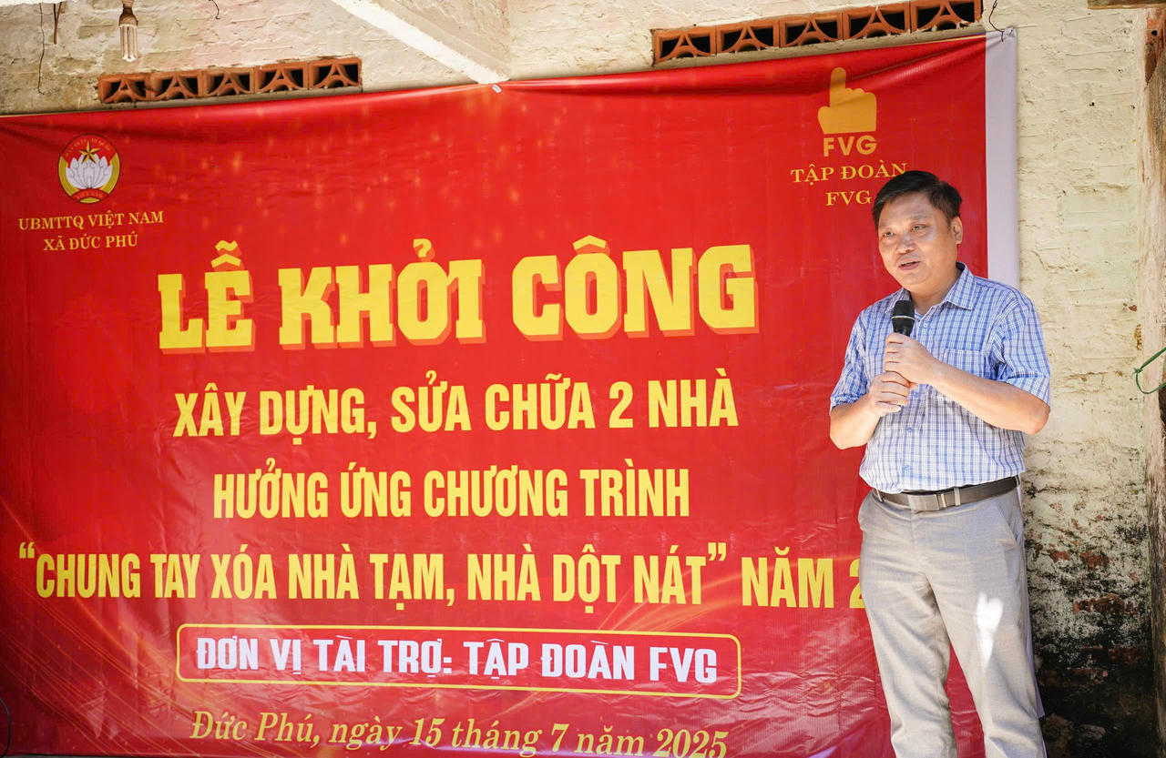 Ông Vũ Cao Giang, Tổng giám đốc Công ty Cổ phần Đầu tư và Phát triển FVG Land (đại diện Tập đoàn FVG) phát biểu tại lễ khởi công. 