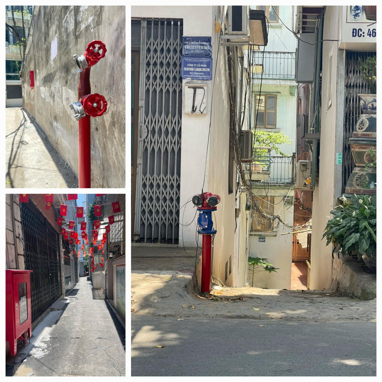 Họng chờ PCCC cùng hệ thống đường ống được lắp đặt sâu trong các ngõ 460 Hoàng Hoa Thám, P. Tây Hồ, Hà Nội. Họng cấp sẽ được xe cứu hỏa cấp nước và bơm vào đường ống khi có sự cố xảy ra. Ảnh: TN