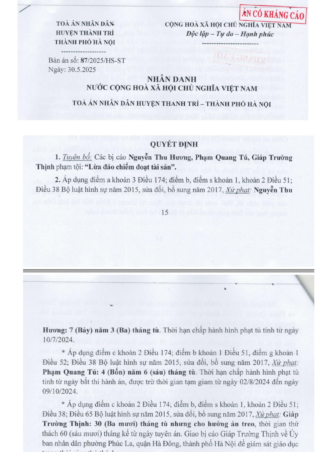 Bản án sơ thẩm số 87/2025/HS-ST của TAND huyện Thanh Trì tuyên phạt Nguyễn Thu Hương (7 năm 3 tháng tù) , Phạm Quang Tú (4 năm 6 tháng tù) và Giáp Trường Thịnh (30 tháng tù treo)