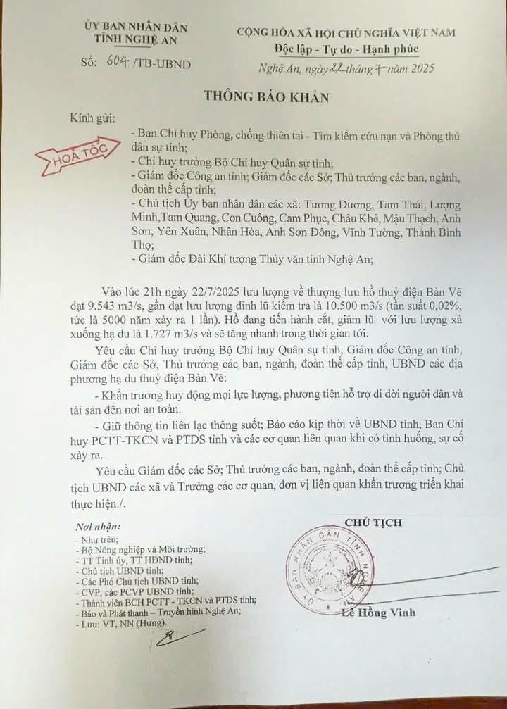 Thông báo khẩn của Chủ tịch UBND tỉnh Nghệ An 