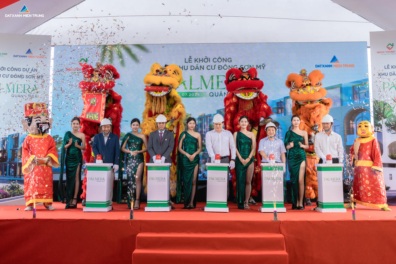 Lãnh đạo tỉnh Quảng Ngãi, chủ đầu tư cùng các đơn vị đối tác cùng nhấn nút khởi công dự án Palmera Quảng Ngãi.
