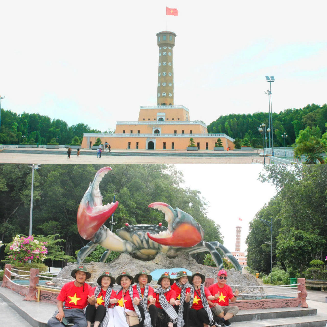 Du khách tham quan tại Cột cờ Hà Nội – điểm đánh dấu chủ quyền thiêng liêng nơi cực Nam Tổ quốc, đồng thời chụp ảnh lưu niệm bên mô hình con cua khổng lồ – biểu tượng độc đáo của vùng đất Cà Mau giàu tiềm năng thủy sản.