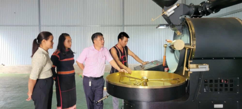 Cán bộ NHCSXH Chư Păh thăm mô hình sử dụng hiệu quả vốn tín dụng để chế biến cà phê.