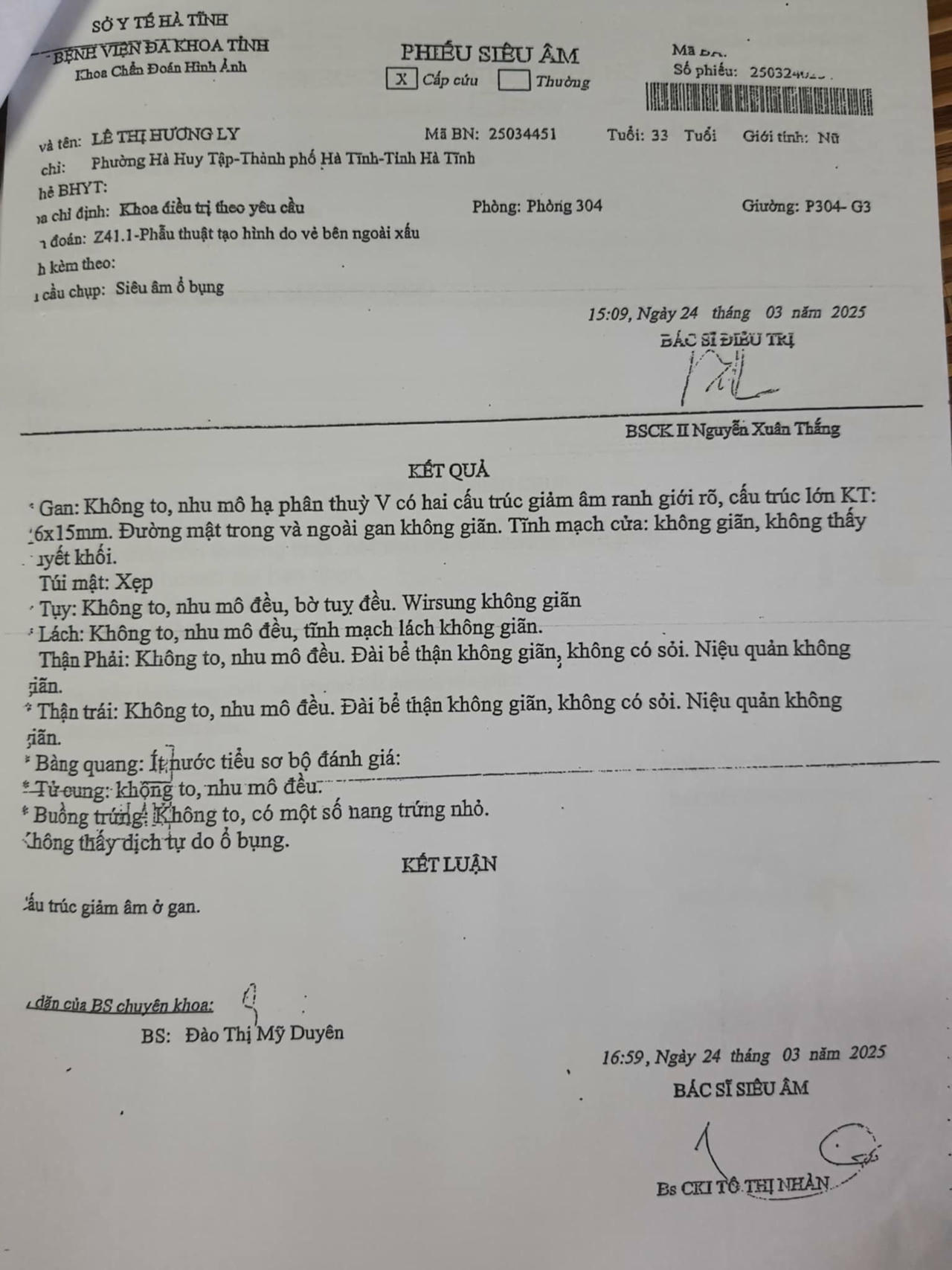 Kết quả siêu âm ổ bụng ngày 24/3/2025 trước PTTM tại BVĐK Hà Tĩnh.