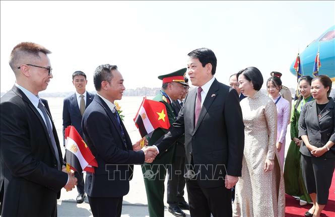 Đại biểu đón Chủ tịch nước Lương Cường và Phu nhân tại sân bay quốc tế Cairo, Ai Cập. Ảnh: Lâm Khánh/TTXVN