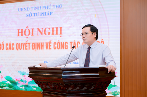 Giám đốc sở Tư pháp tỉnh Phú Thọ Trần Việt Hùng phát biểu tại Hội nghị. Ảnh: Sở Tư pháp tỉnh Phú Thọ