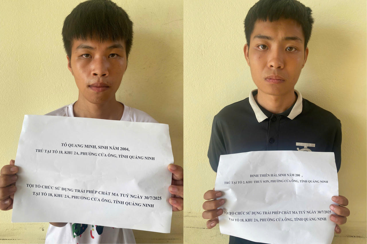 Công an tỉnh Quảng Ninh đã ra quyết định tạm giữ hình sự đối với Tô Quang Minh và Đinh Thiên Hải về hành vi tổ chức sử dụng trái phép chất ma túy.