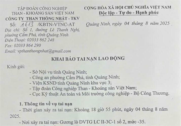 Trong quá trình thực hiện công việc đào lò thì xảy ra tai nạn khiến công nhân Nông Văn Sỵ (SN 1986) tử vong.