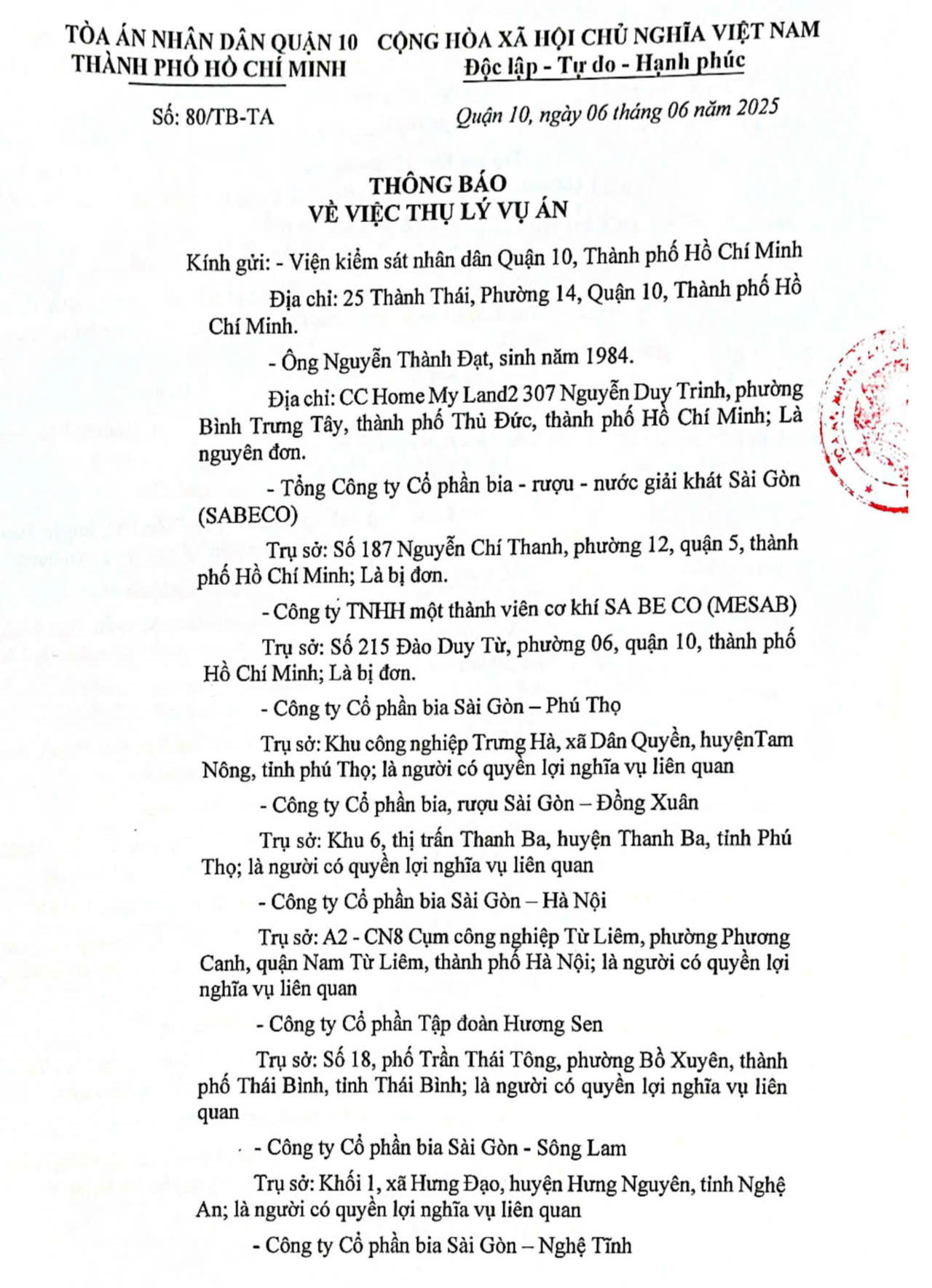Vụ kiện đã được TAND quận 10 (cũ, nay là Toà án khu vực 4) thụ lý. (Ảnh: B.Yên)

