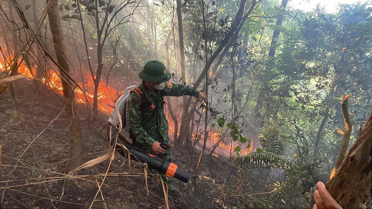 Ngọn lửa bùng phát dữ dội giữa trưa nắng tại khu vực Đèo Ngang, xã Phú Trạch.