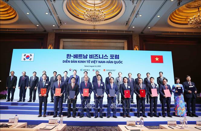 Tổng Bí thư Tô Lâm và Thủ tướng Hàn Quốc Kim Min Seok chứng kiến các đơn vị, doanh nghiệp trao thoả thuận hợp tác. Ảnh: Thống Nhất/TTXVN