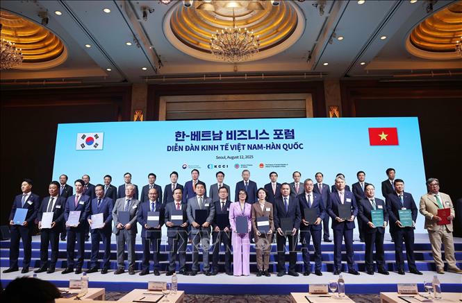 Tổng Bí thư Tô Lâm và Thủ tướng Hàn Quốc Kim Min Seok chứng kiến các đơn vị, doanh nghiệp trao thoả thuận hợp tác. Ảnh: Thống Nhất/TTXVN