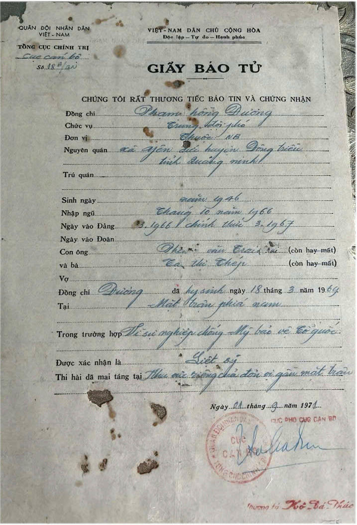 Nhắn tìm mộ Liệt sĩ Phạm Hồng Đương