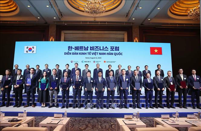 Tổng Bí thư Tô Lâm và Thủ tướng Hàn Quốc Kim Min Seok chứng kiến các đơn vị, doanh nghiệp trao thoả thuận hợp tác. Ảnh: Thống Nhất/TTXVN