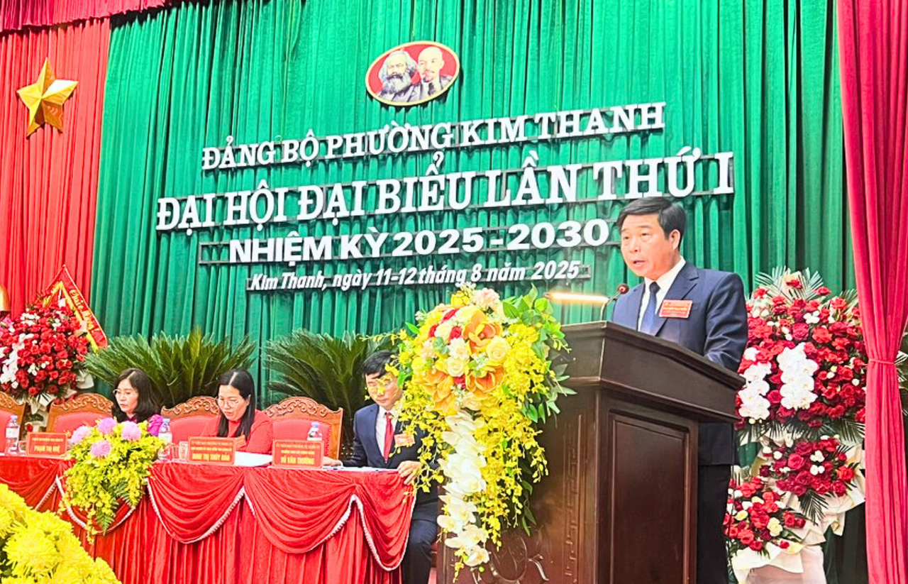 Bí thư phường Kim Thanh Nguyễn Thành Thăng phát biểu tại Đại hội.