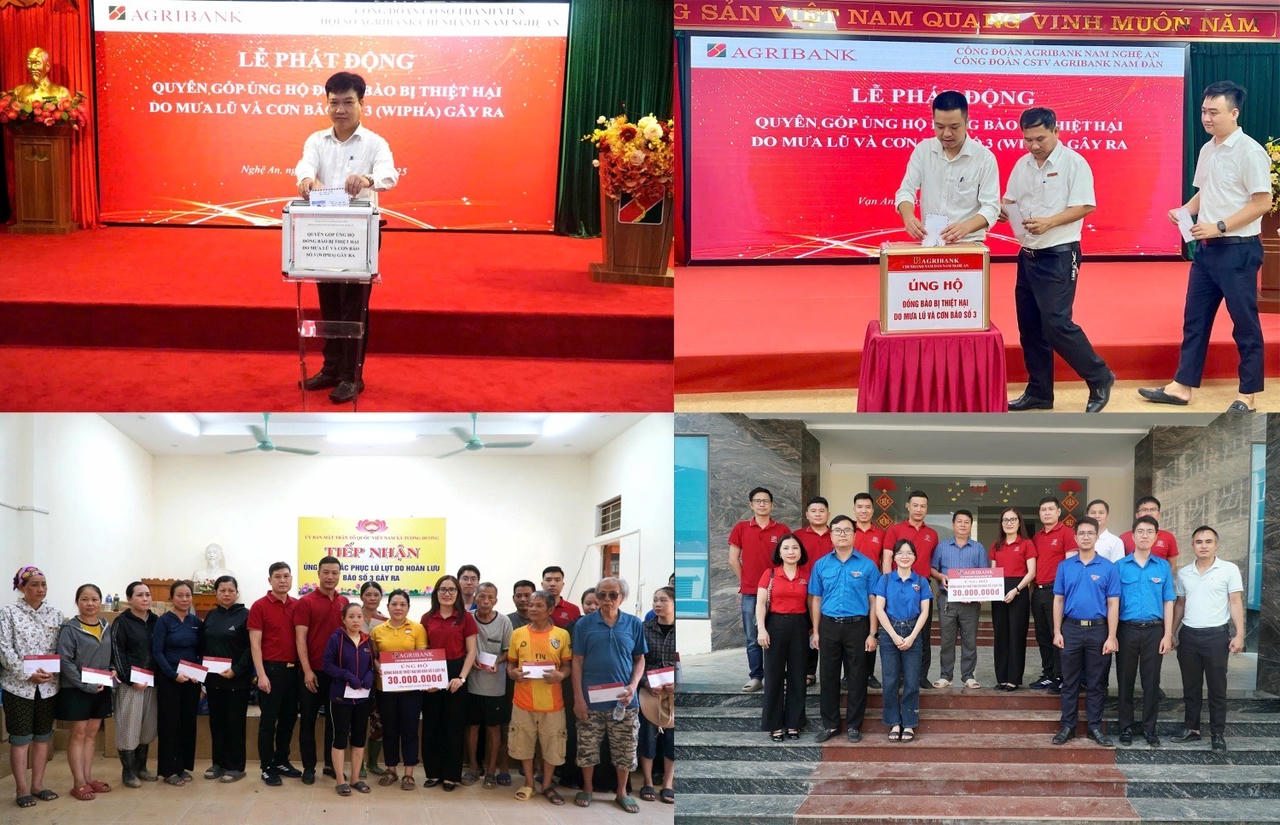 Cán bộ đoàn viên Agribank Chi nhánh Nam Nghệ An ủng hộ đồng bào bị thiệt hại do bão số 3 tại Nghệ An số tiền 175 triệu đồng. Ảnh: Agribank