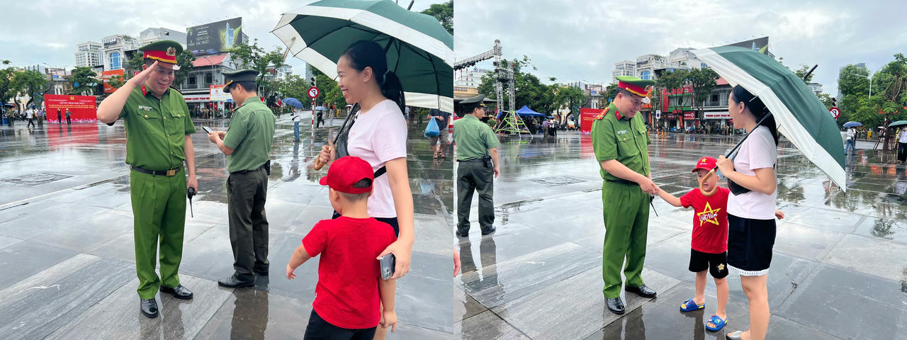 Đại tá Bùi Trung Thành - Phó Giám đốc Công an TP Hải Phòng trò chuyện thân thiện cùng người dân và em nhỏ.