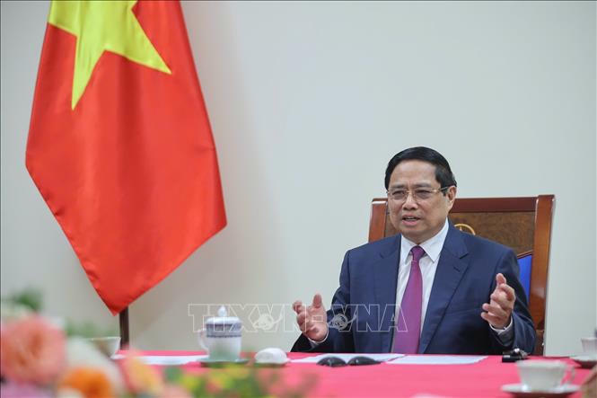Thủ tướng Phạm Minh Chính điện đàm với Thủ tướng Campuchia Hun Manet. Ảnh: Dương Giang/TTXVN