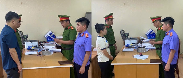Tống đạt quyết định khởi tố bị can Phạm Ngọc Tuyên và Phạm Thu Hiền. Ảnh: CAHT