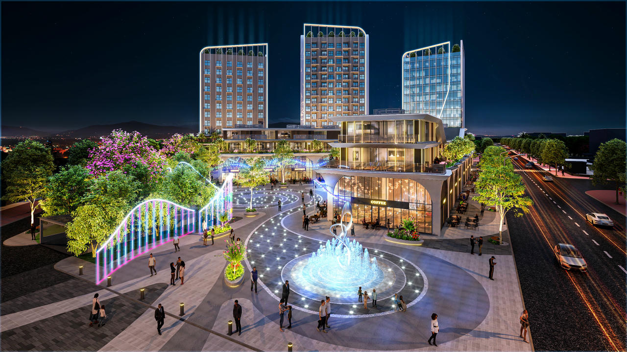 Phối cảnh dự án Khu quảng trường trung tâm được thiết kế với mảng xanh, đài phun nước nghệ thuật, hệ thống nhạc nước, âm thanh và ánh sáng hiện đại.