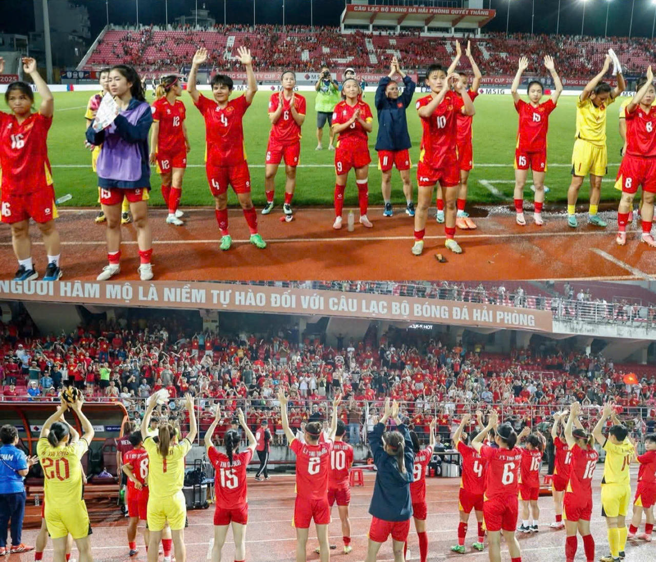 Các vận động viên Đội tuyển nữ Việt Nam cảm ơn tình cảm các CĐV dành cho đội bóng.