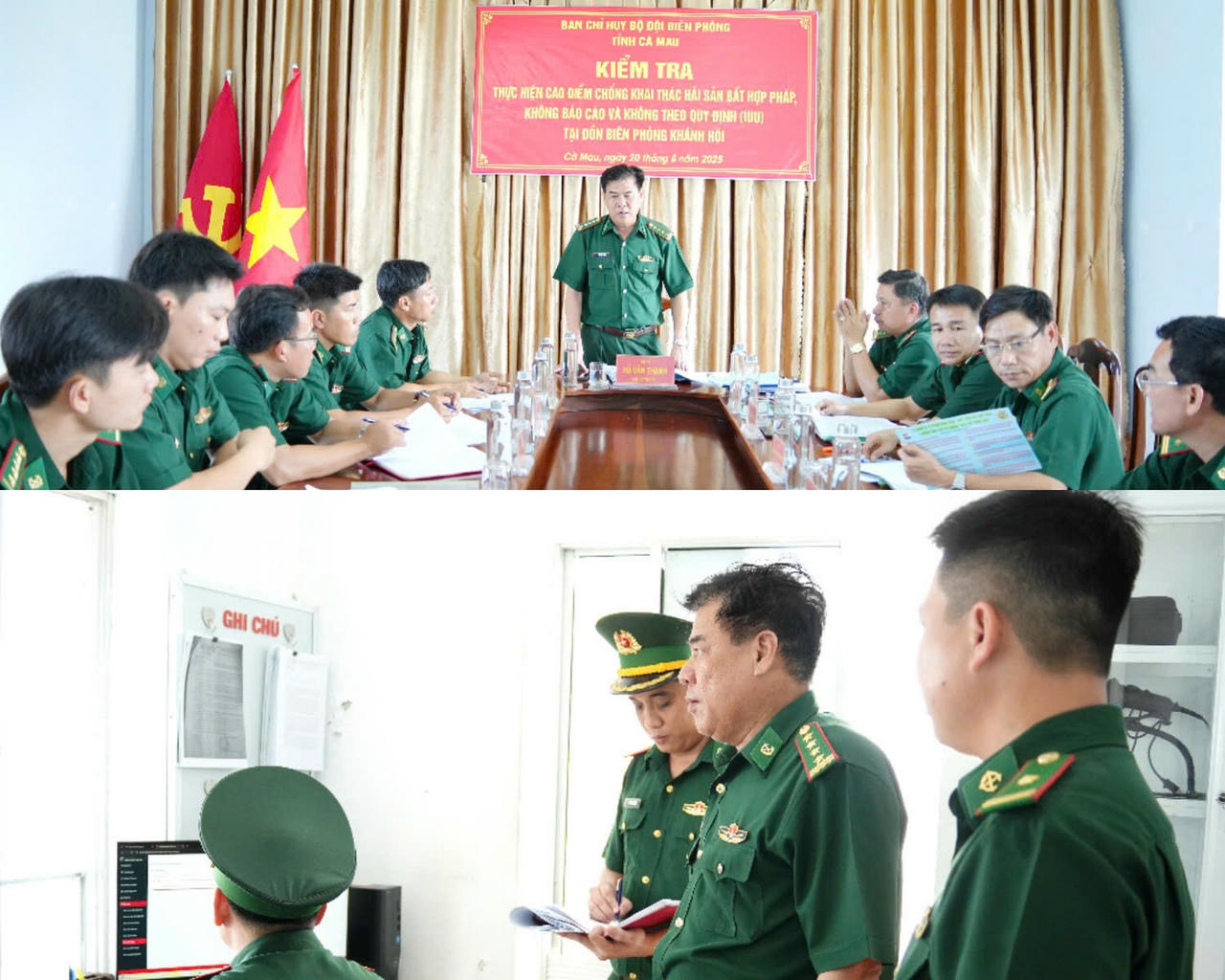 Đại tá Hà Văn Thanh - Chỉ huy trưởng Ban Chỉ huy BĐBP tỉnh Cà Mau, phát biểu chỉ đạo công tác chống khai thác IUU tại Đồn Biên phòng Khánh Hội. Đồng thời, đi kiểm tra hệ thống giám sát tàu cá tại trạm kiểm soát Sông Đốc (Đồn Biên phòng Sông Đốc).
