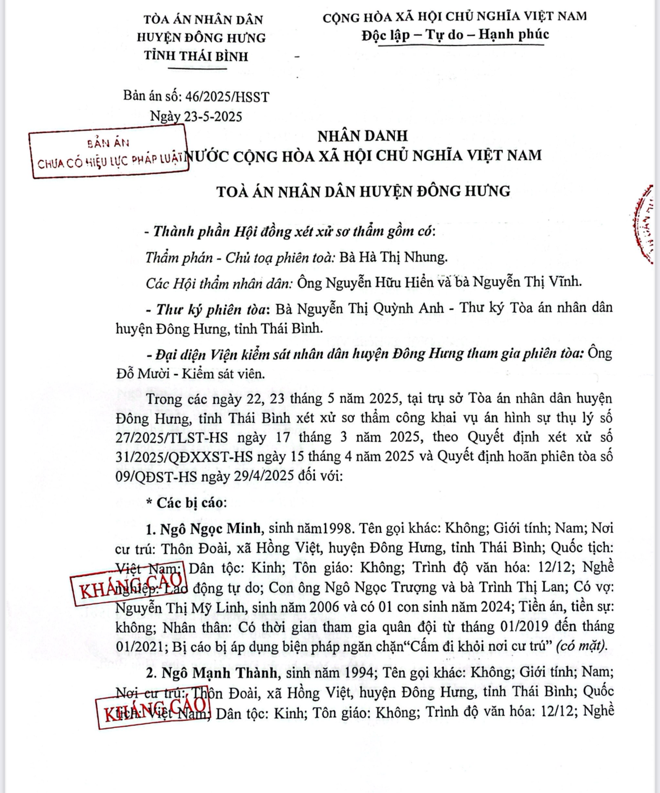 Bản án sơ thẩm của TAND huyện Đông Hưng (cũ). (Ảnh: H.Mây)