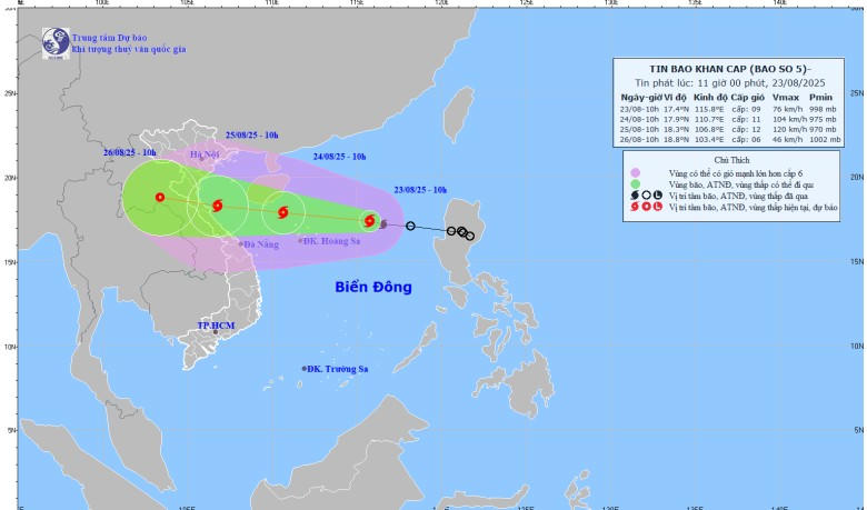 Bản đồ dự báo quỹ đạo và cường độ bão số 5 phát lúc 11 giờ ngày 23/8/2025. Ảnh: nchmf