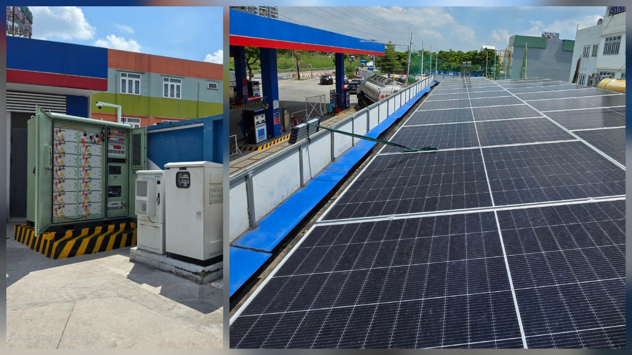 Hệ thống điện năng lượng mặt trời áp mái và hệ thống lưu trữ điện năng tích hợp GRES tại cửa hàng xăng dầu Phú Hữu cung cấp nguồn điện cho trạm sạc xe ô tô điện.