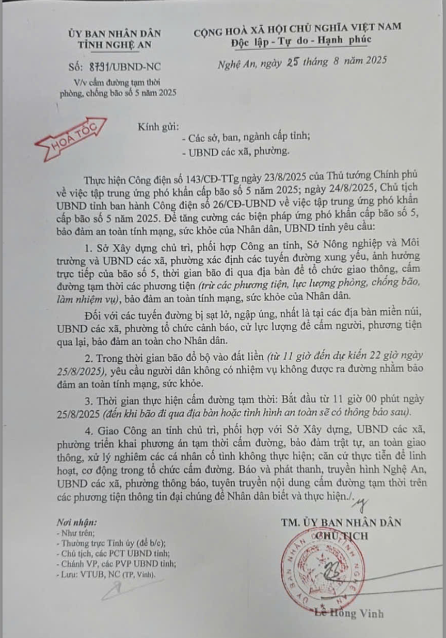 Công văn cấm đường tạm thời để phòng chống bão số 5