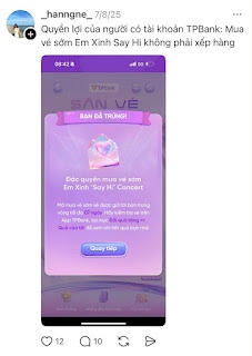 Chỉ với vài thao tác trên App TPBank, khách hàng đã có thể tham gia quay số và “ẵm” ngay cơ hội sở hữu tấm vé concert Em Xinh “Say Hi” miễn phí.