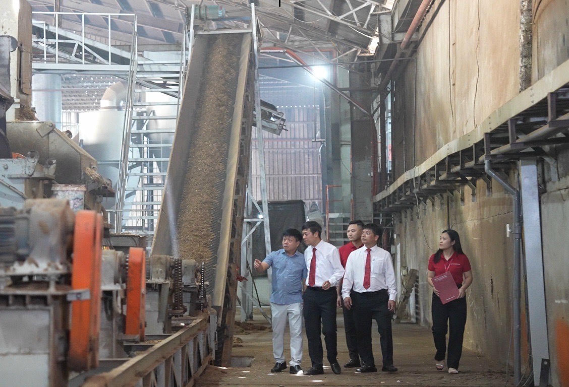 Ông Lang Văn In, Chủ tịch Hội đồng thành viên công ty TNHH Văn Lang Yufukuya đưa cán bộ Agribank thăm quan mô hình sản xuất của doanh nghiệp.