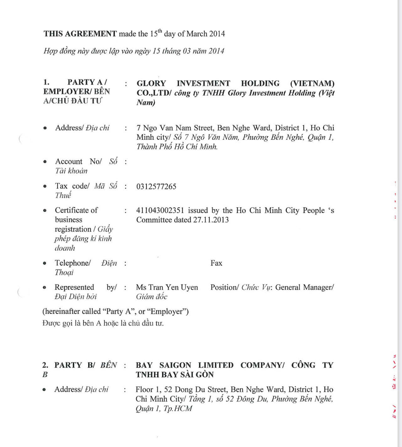 Bản hợp đồng giữa chủ công trình và Cty Bay. (Ảnh trong bài: B.Yên)  